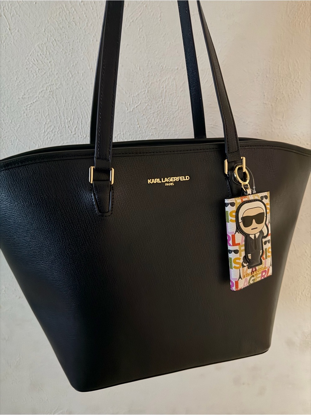 Karl Lagerfeld Black Leather Tote with Gold Logo and Charm
